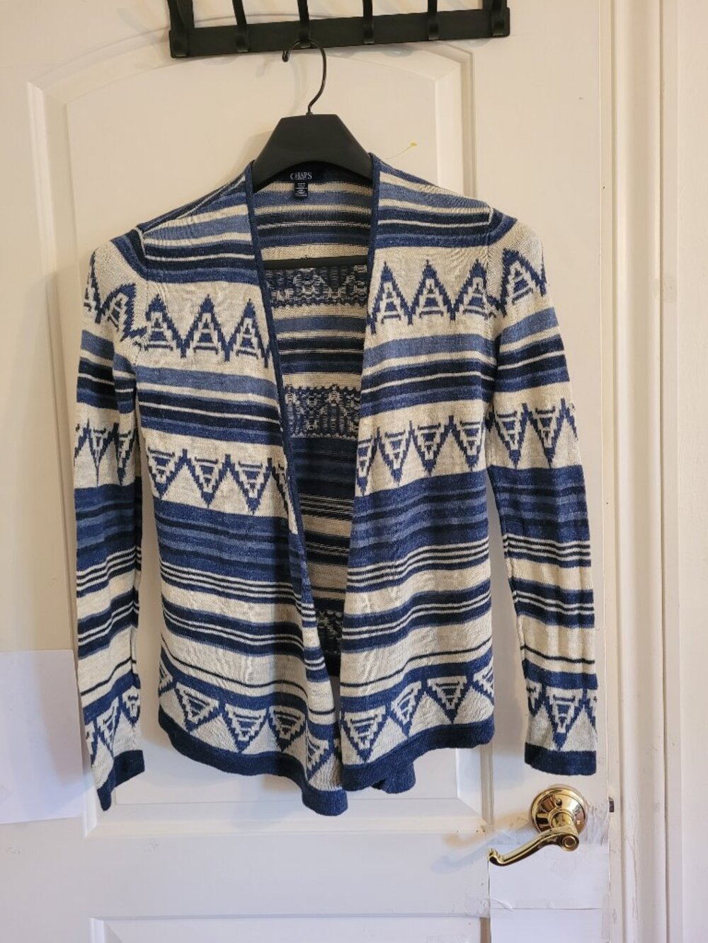 Chaps Women's Sz M Blue Open Front Knit Aztec  Western Cardigan Sweater